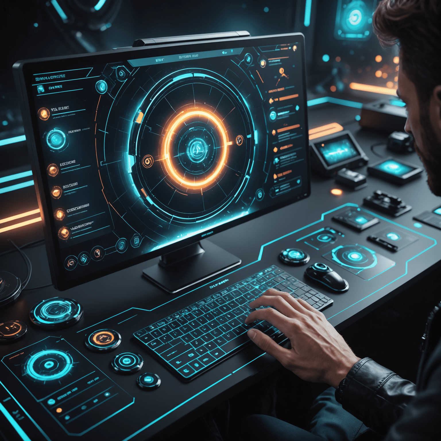 Futuristic game design interface with holographic elements, showcasing cutting-edge trends in game design