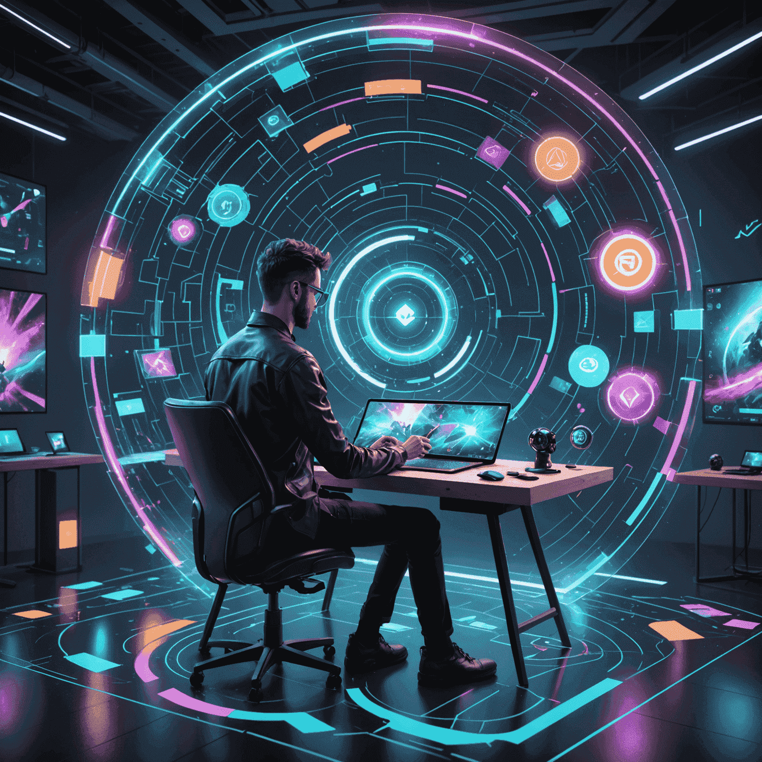 Futuristic game design concept showing a designer working on a holographic interface with vibrant, abstract game elements floating around