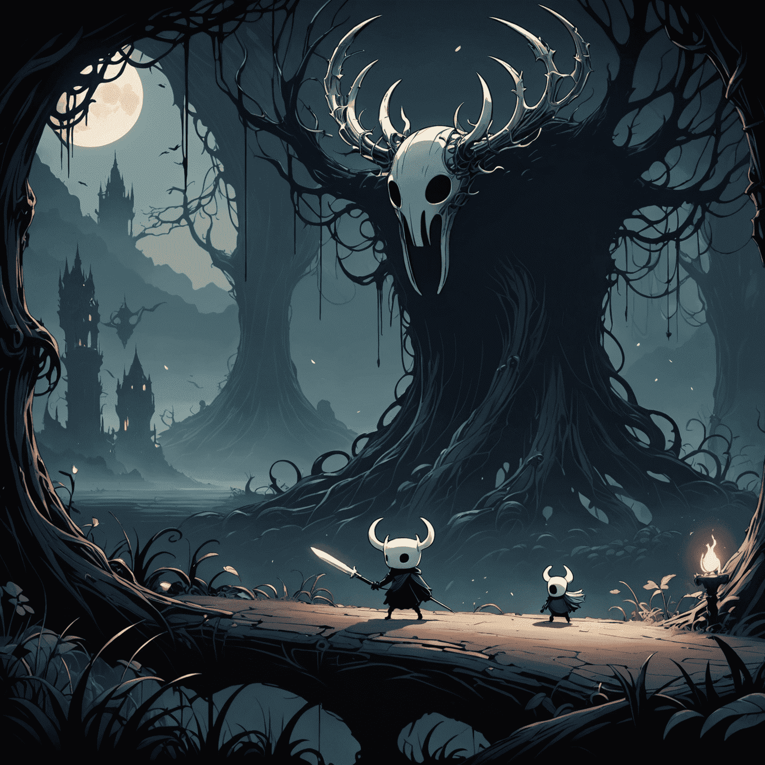 Screenshot from Hollow Knight showing a dark, atmospheric 2D world with the main character facing a large boss enemy