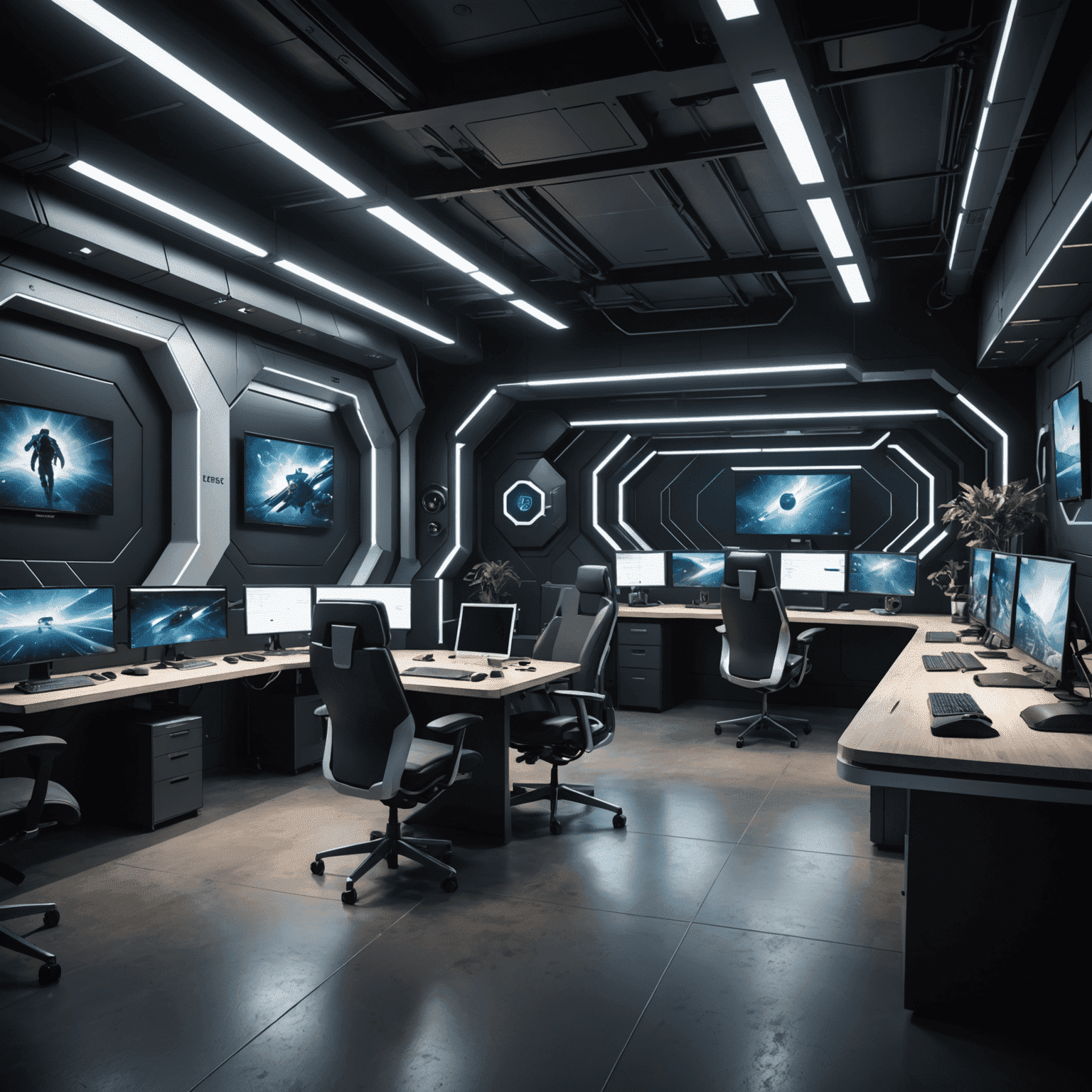 A futuristic game design studio in Australia, showcasing advanced technology and designers working on cutting-edge projects