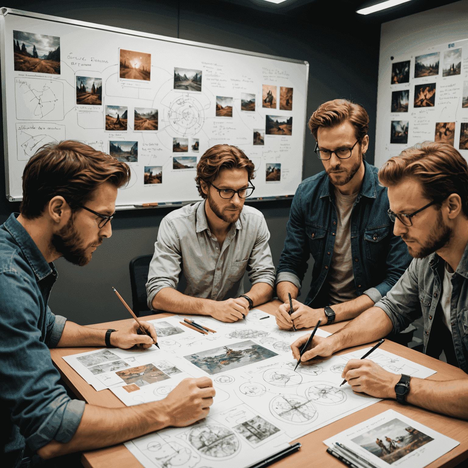 A creative brainstorming session with game designers sketching ideas on a whiteboard, surrounded by concept art and mood boards for a new game world.