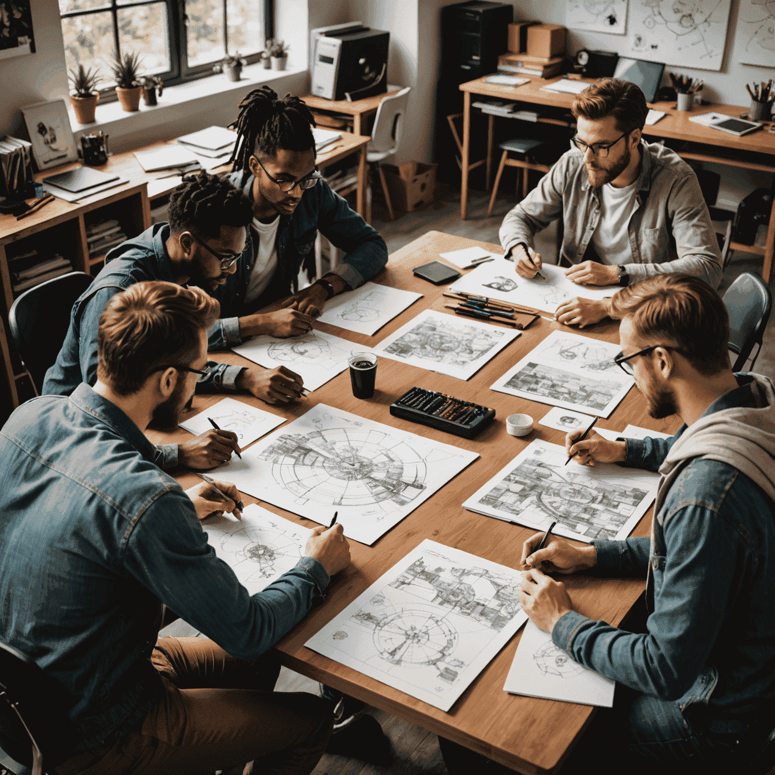 A team of diverse game designers brainstorming around a table filled with sketches, concept art, and game prototypes. The image showcases a creative and collaborative environment with various visual elements related to game design spread across the workspace.