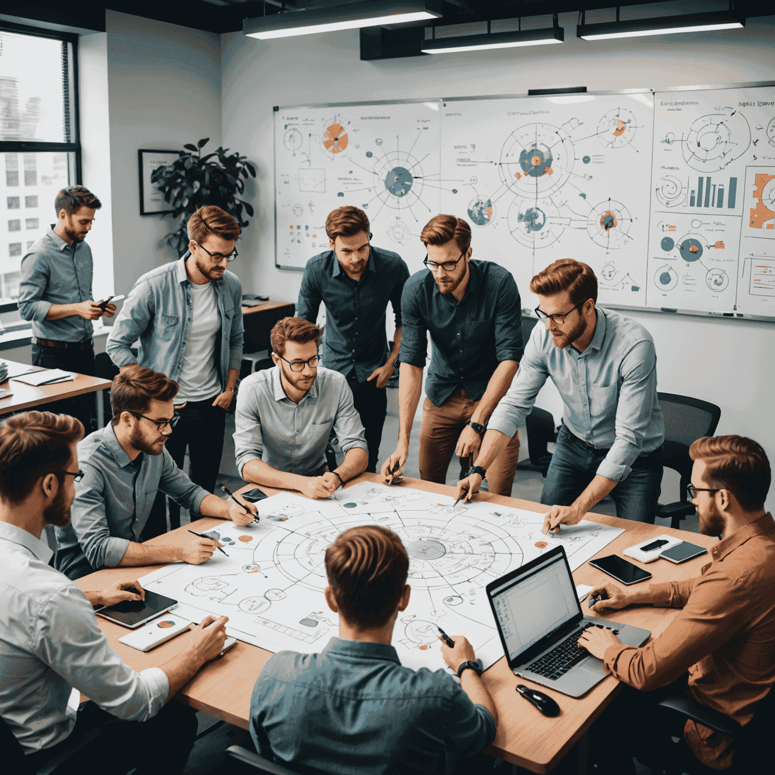 A team of game designers collaborating on a whiteboard, sketching out complex gameplay mechanics diagrams and flowcharts. The image showcases a diverse group of professionals in a modern office setting, surrounded by gaming peripherals and concept art.