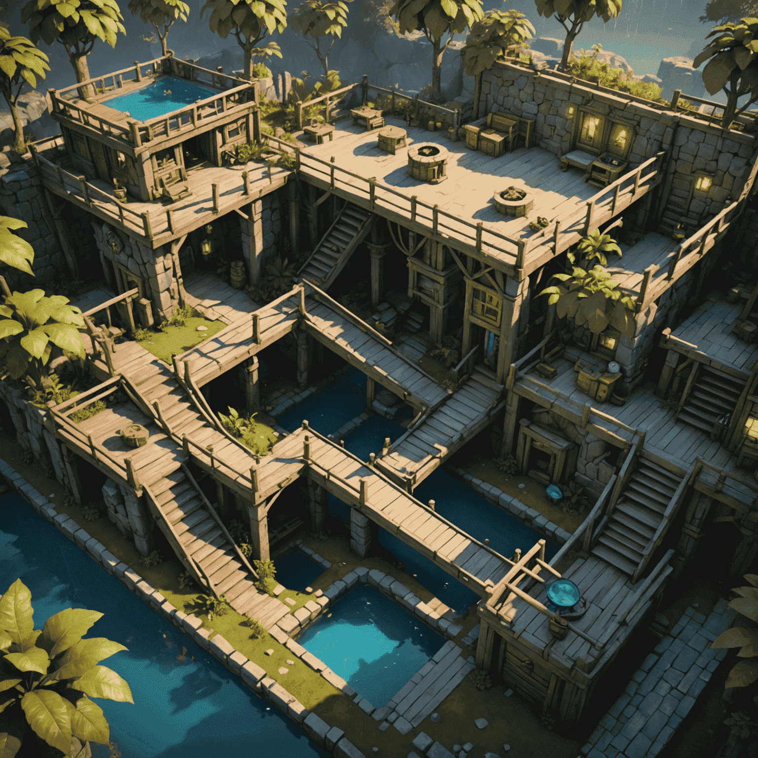 A 3D rendering of a complex game level layout, showcasing various platforms, obstacles, and environmental elements. The image demonstrates a mix of indoor and outdoor areas, with intricate pathways and hidden secrets, illustrating the depth and creativity involved in professional level design.