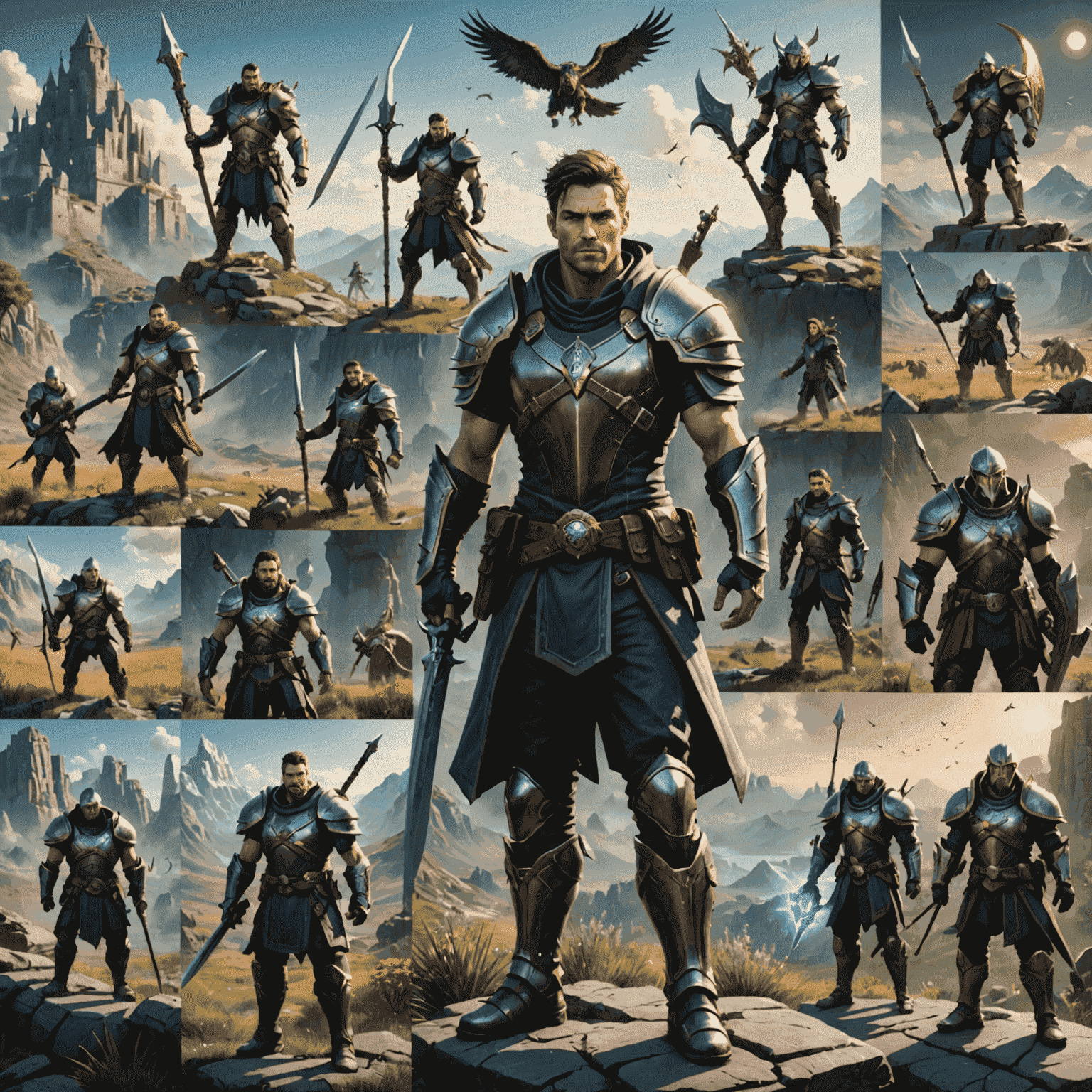 A collage showcasing various game characters and assets, including a heroic warrior, mystical creatures, futuristic weapons, and fantasy landscapes. The image demonstrates a range of styles from realistic to stylized, highlighting the versatility of our character and asset design services.
