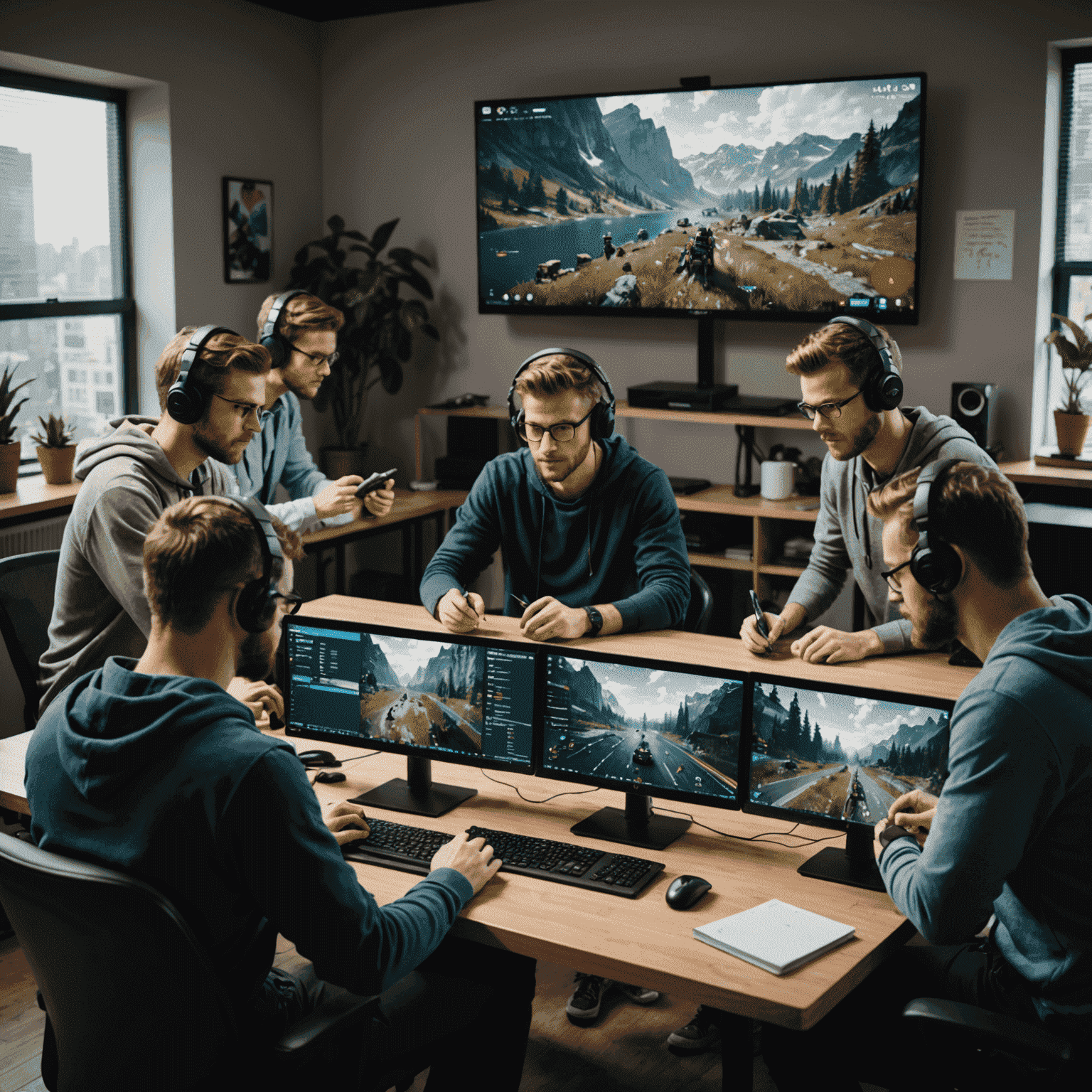A team of game testers playing and analyzing a video game on multiple screens, taking notes and discussing balance issues