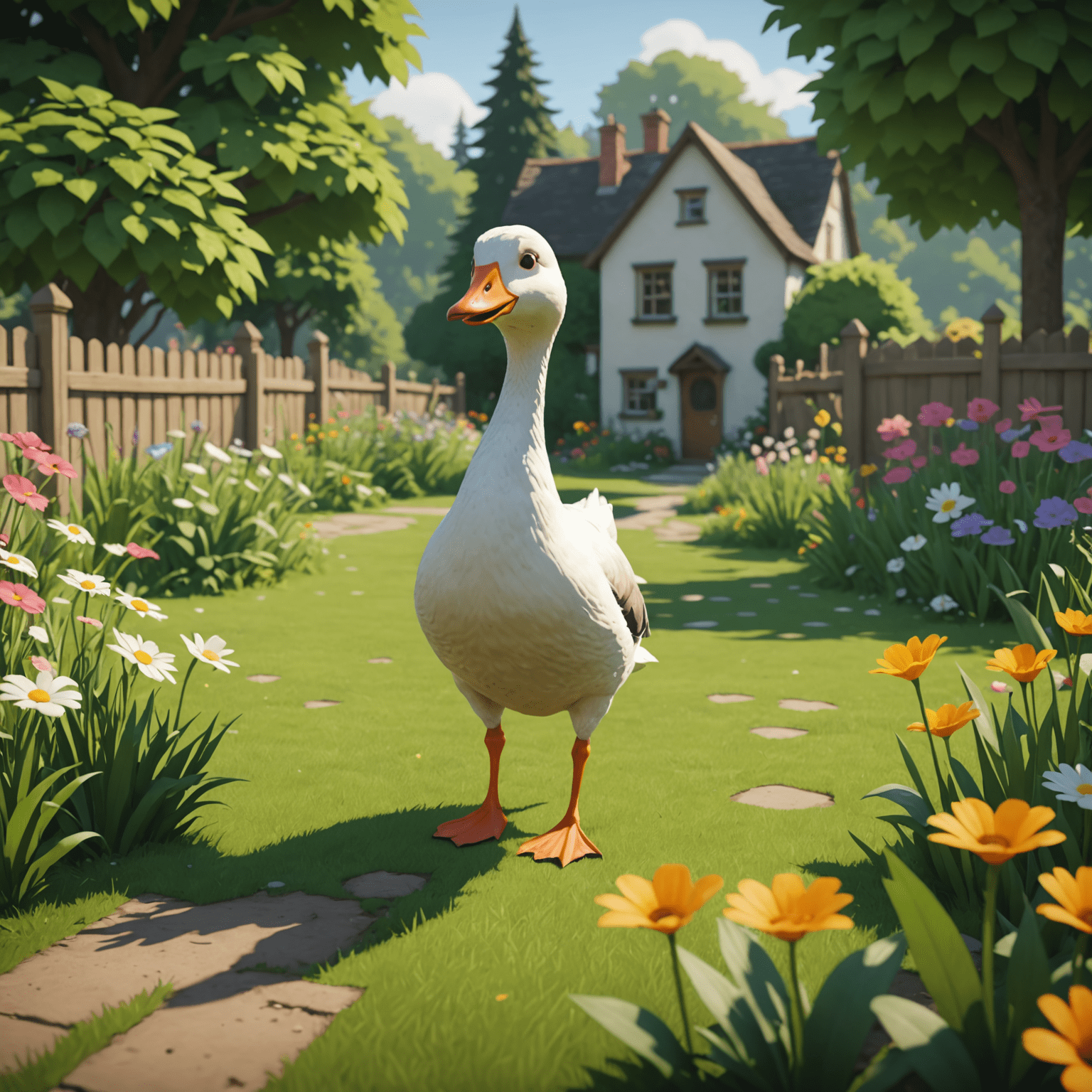Screenshot from Untitled Goose Game showing a cartoonish goose causing mischief in a garden with simple, clean graphics