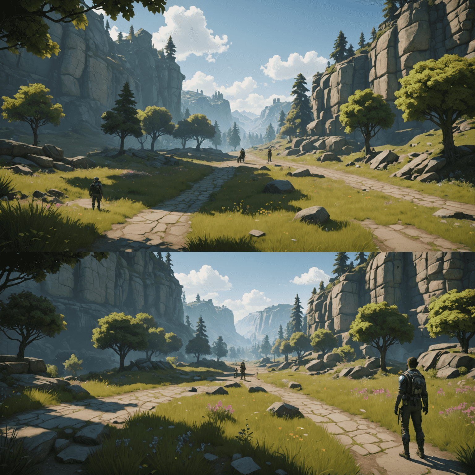 A split-screen image showing an AI-generated game landscape on one side and a game designer fine-tuning AI-driven NPC behaviors on the other