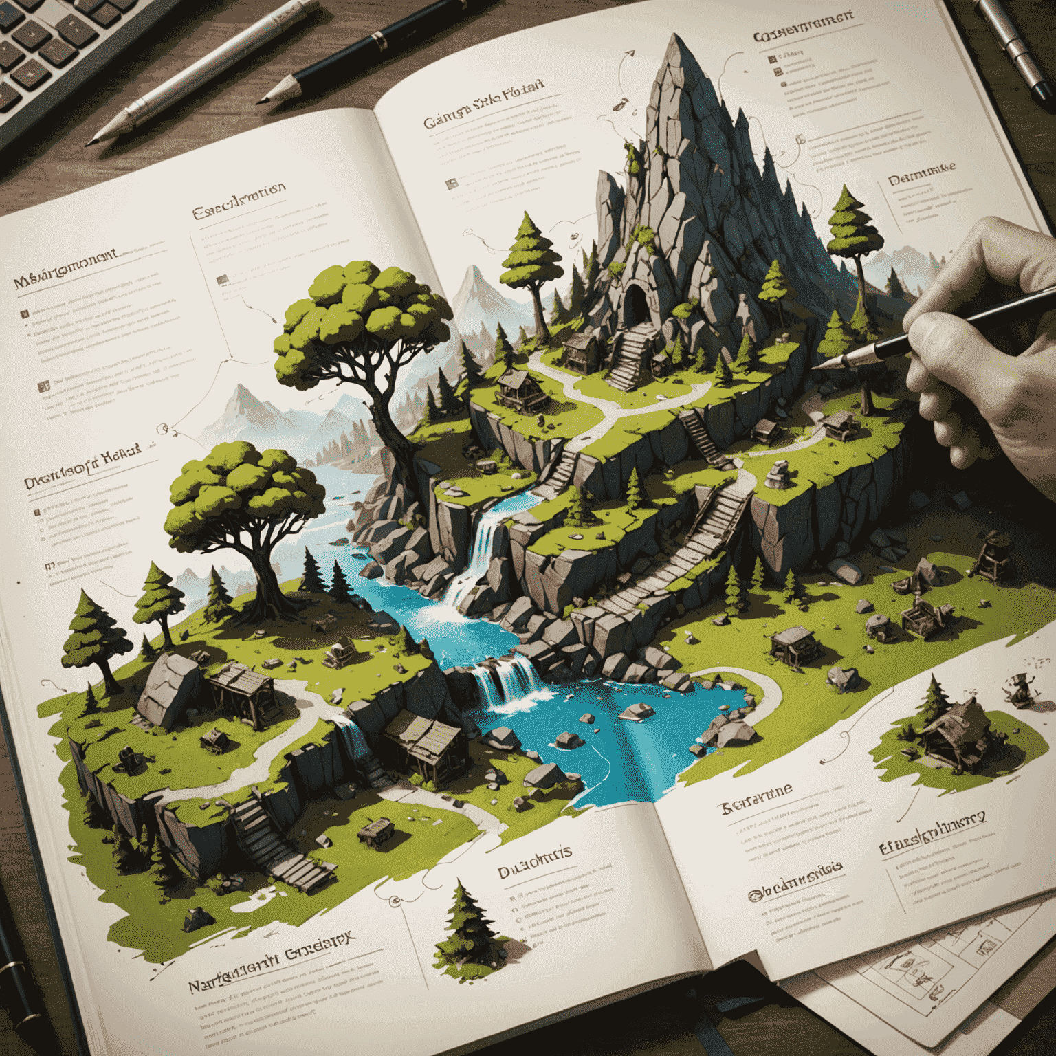 A visual representation of the game concept development process, showing a progression from initial sketches and mind maps to detailed concept art and game design documents. The image illustrates the evolution of ideas and the increasing complexity and refinement of the game concept over time.