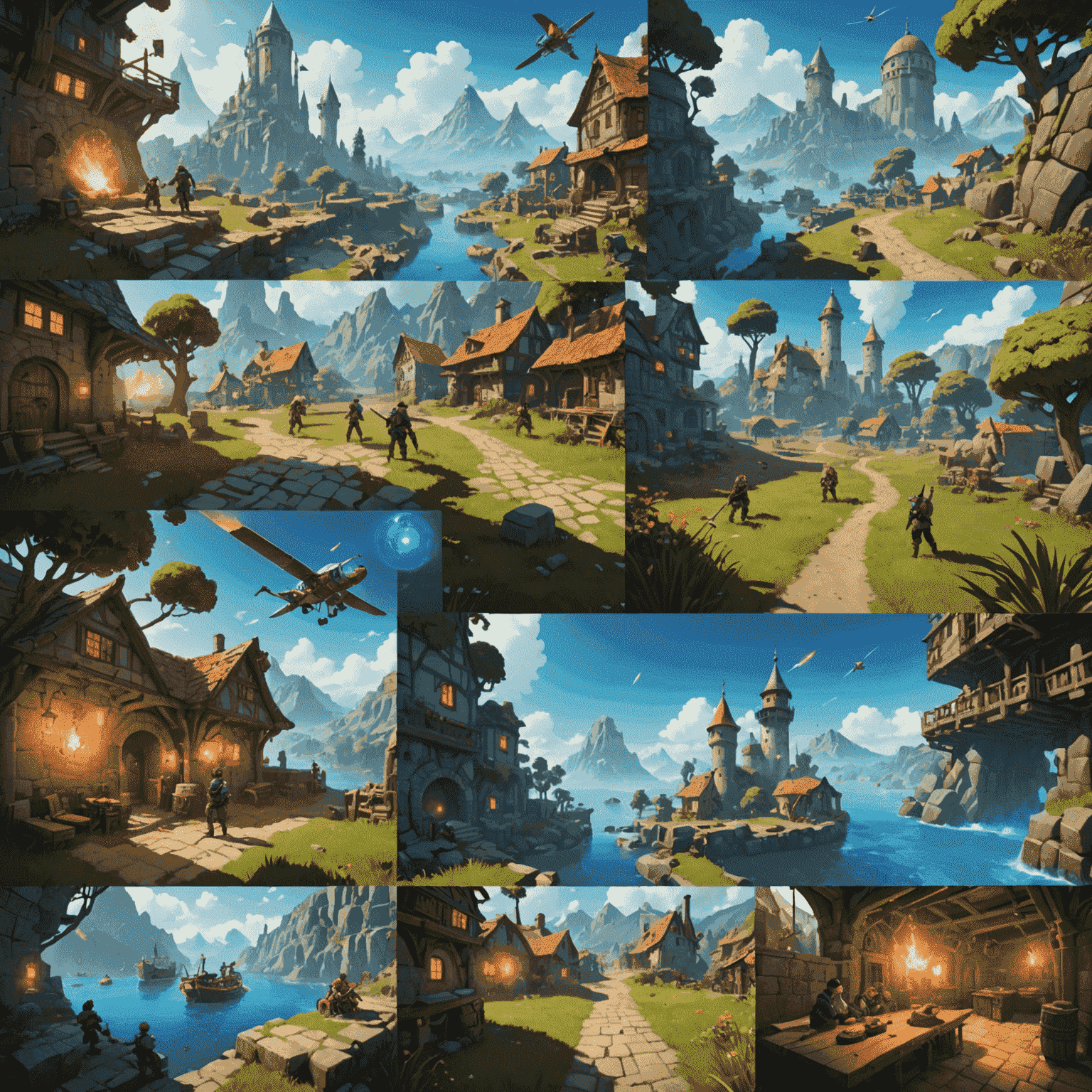 A split-screen view of various gameplay mechanics in action. The image shows different game genres like RPG combat, puzzle-solving, multiplayer strategy, and procedurally generated worlds. Each quadrant highlights a unique mechanic with vibrant, eye-catching visuals.