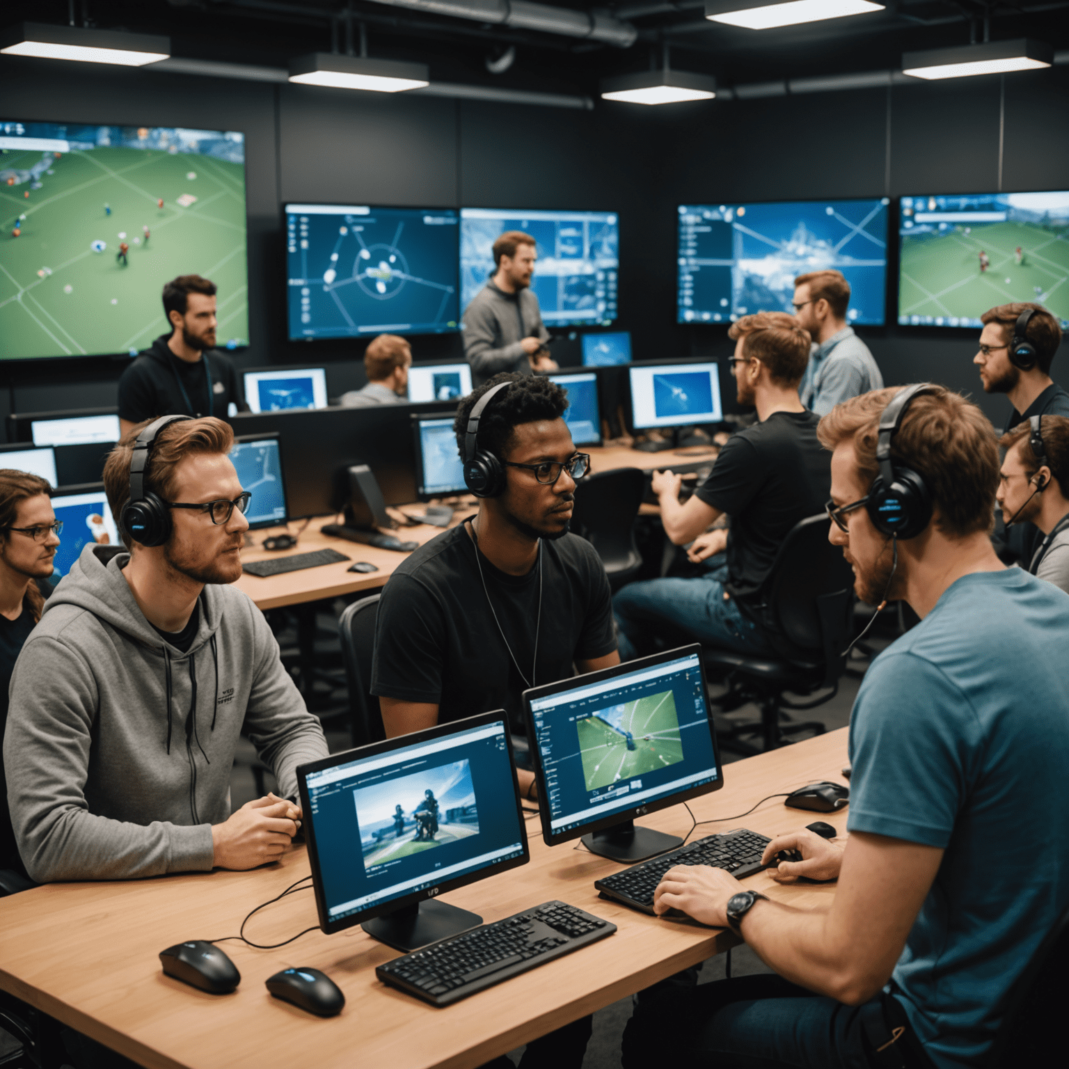 A diverse group of playtesters engaged in various gaming scenarios, with monitors displaying analytics and feedback forms