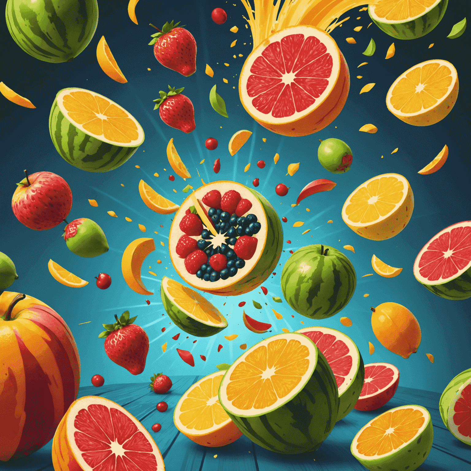 Screenshot from Fruit Ninja showing colorful fruit being sliced mid-air with vibrant visual effects