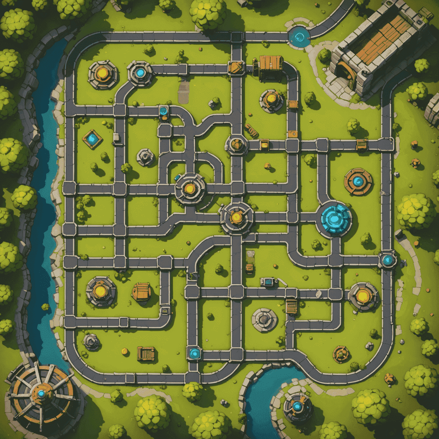 A top-down view of a complex game level layout with various paths, obstacles, and points of interest highlighted, demonstrating professional level design techniques.