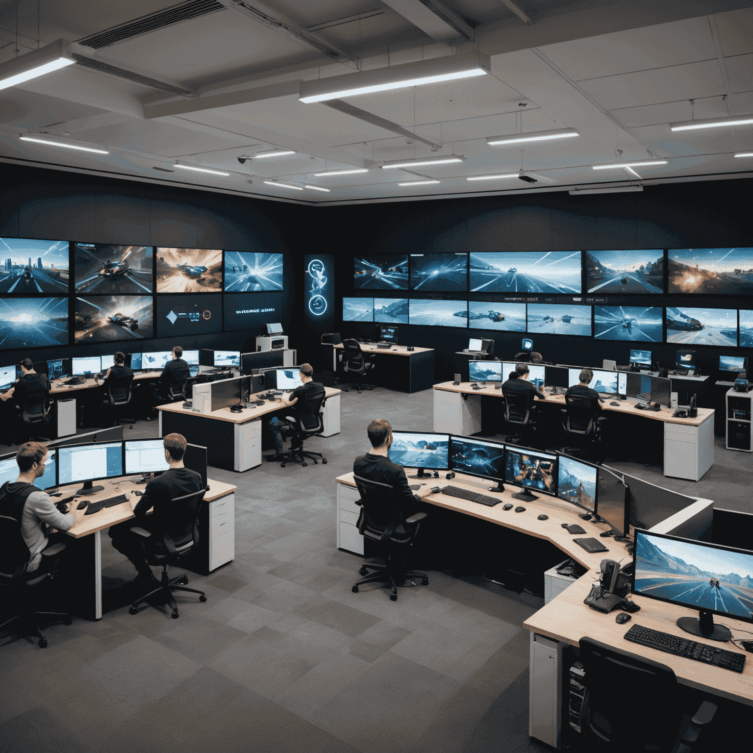 A panoramic view of a futuristic game design studio in Australia. The image shows a spacious, open-plan office with designers working on multiple screens displaying various aspects of gameplay mechanics. The studio has a modern aesthetic with subtle Australian design elements.